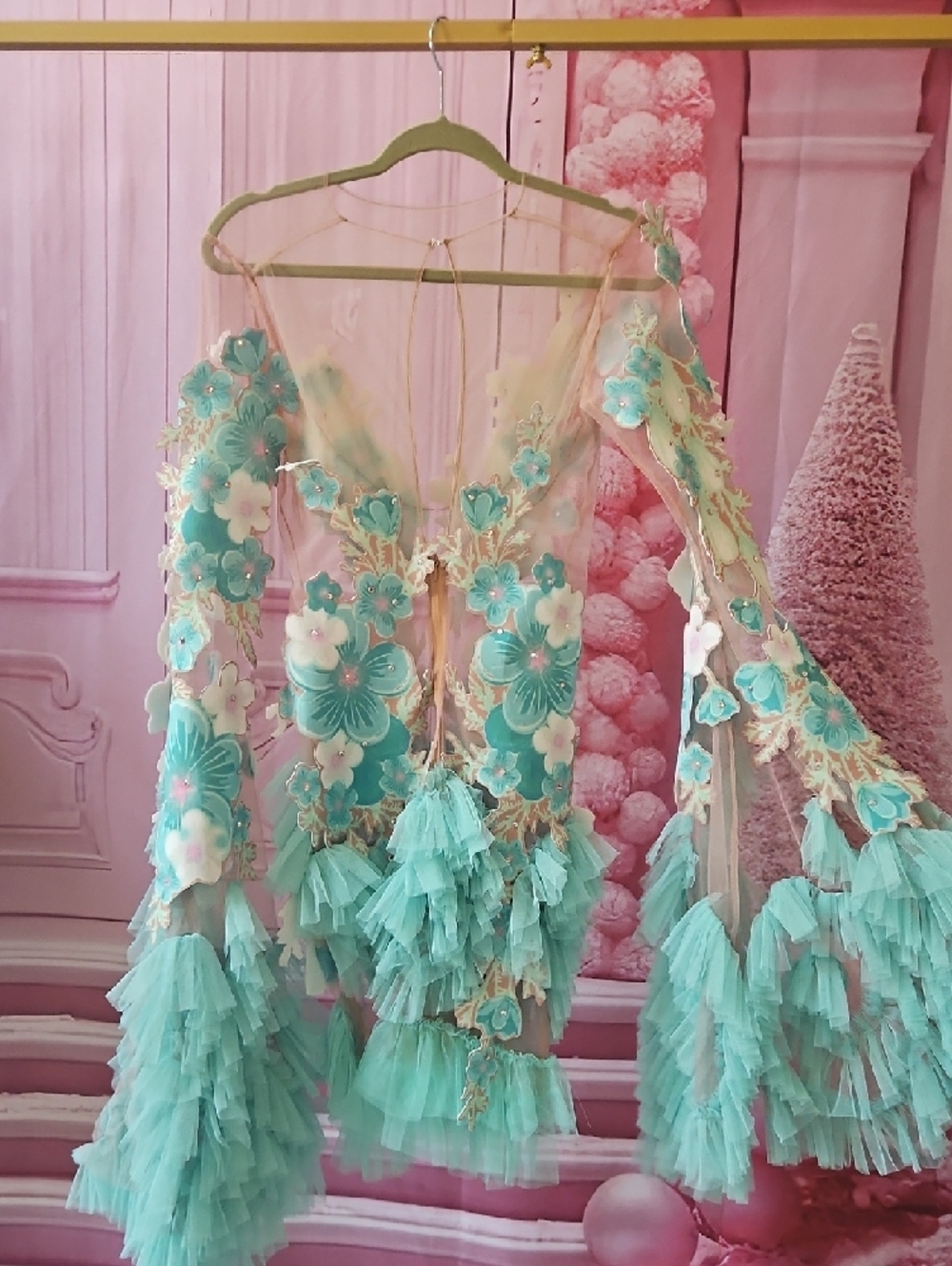 Aqua Floral Ruffle Dance Dress with 3D Appliqués - Picture 6 of 10